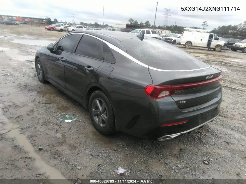 2022 Kia K5 Lxs VIN: 5XXG14J2XNG111714 Lot: 40829789