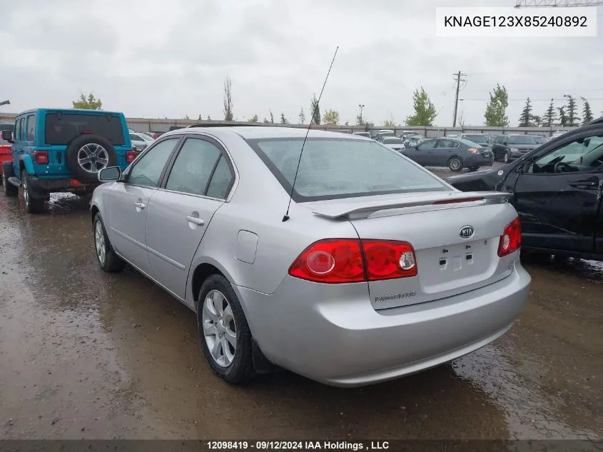 2008 Kia Magentis VIN: KNAGE123X85240892 Lot: 12098419