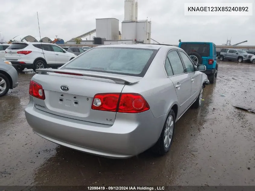 2008 Kia Magentis VIN: KNAGE123X85240892 Lot: 12098419