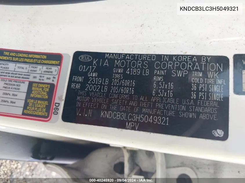 KNDCB3LC3H5049321 2017 Kia Niro Fe/Lx