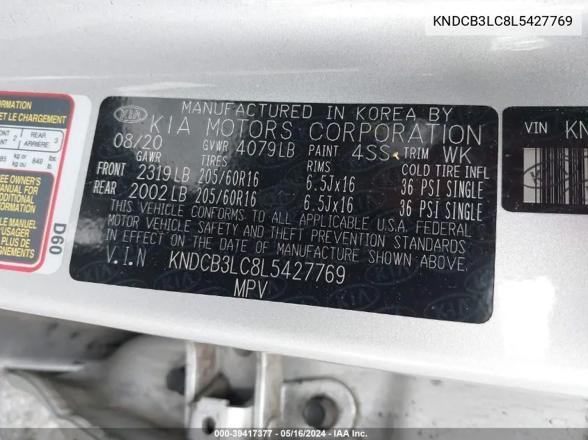 KNDCB3LC8L5427769 2020 Kia Niro Lx