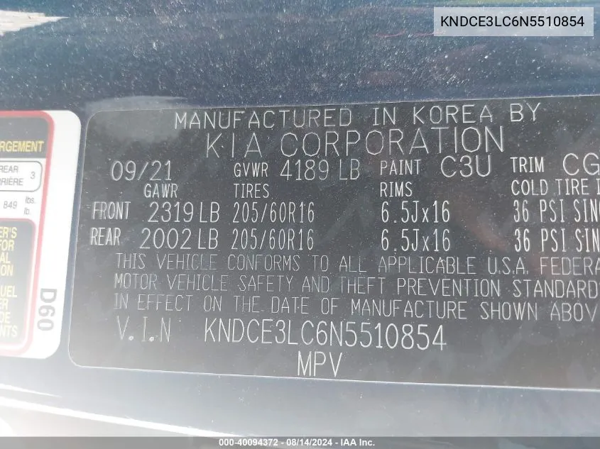 KNDCE3LC6N5510854 2022 Kia Niro Ex Premium