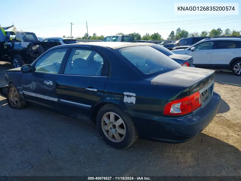 2003 Kia Optima Lx/Se VIN: KNAGD126835200574 Lot: 40876527