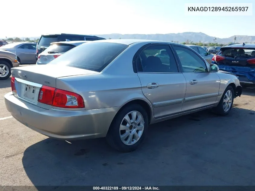 2004 Kia Optima Ex V6/Lx V6 VIN: KNAGD128945265937 Lot: 40322189