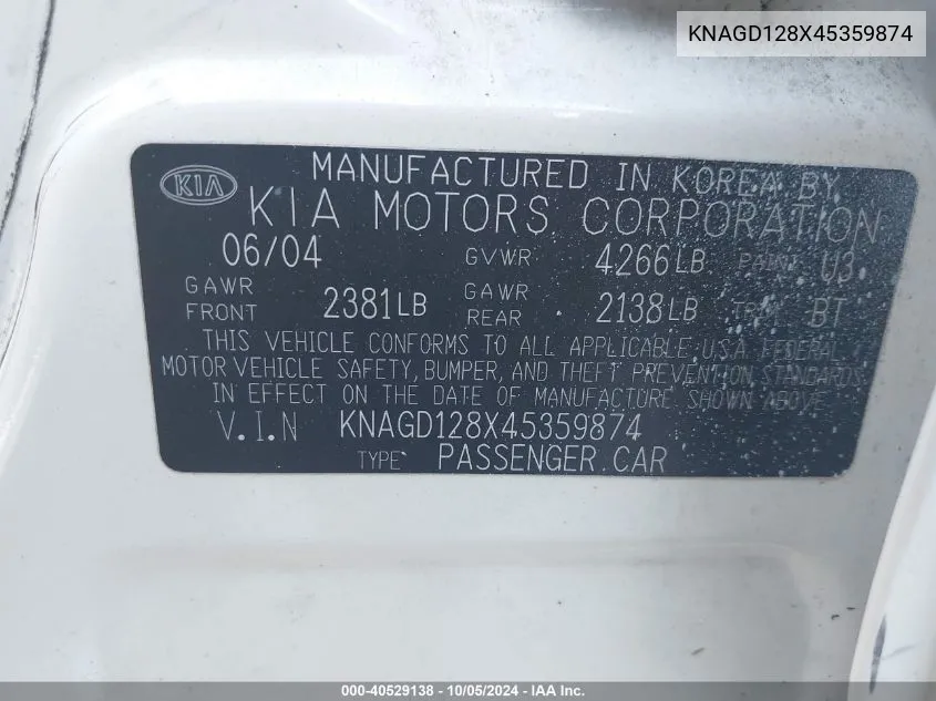 KNAGD128X45359874 2004 Kia Optima Lx/Ex