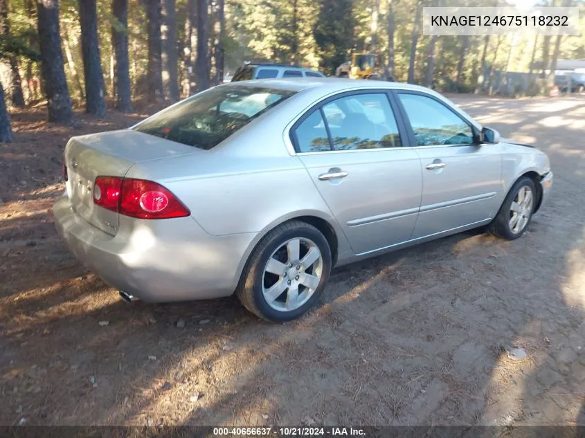 2007 Kia Optima Ex V6 VIN: KNAGE124675118232 Lot: 40656637