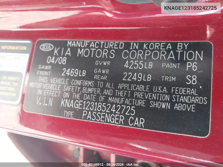 KNAGE123185242725 2008 Kia Optima Lx