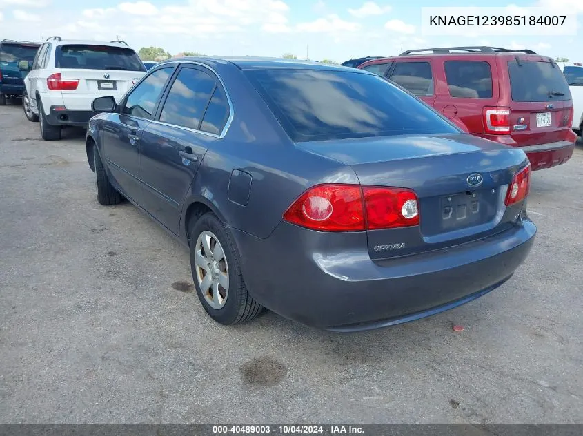 2008 Kia Optima Lx VIN: KNAGE123985184007 Lot: 40489003