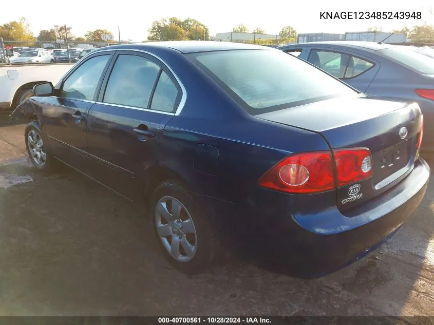 2008 Kia Optima Lx VIN: KNAGE123485243948 Lot: 40700561