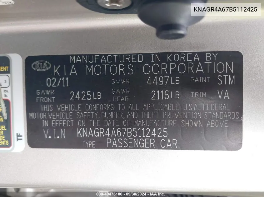 KNAGR4A67B5112425 2011 Kia Optima Sx