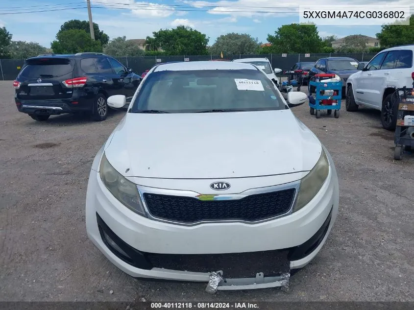 2012 Kia Optima Lx VIN: 5XXGM4A74CG036802 Lot: 40112118