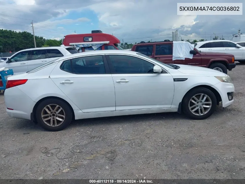 2012 Kia Optima Lx VIN: 5XXGM4A74CG036802 Lot: 40112118