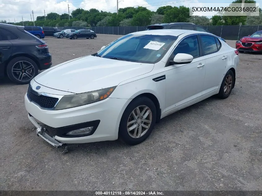 2012 Kia Optima Lx VIN: 5XXGM4A74CG036802 Lot: 40112118