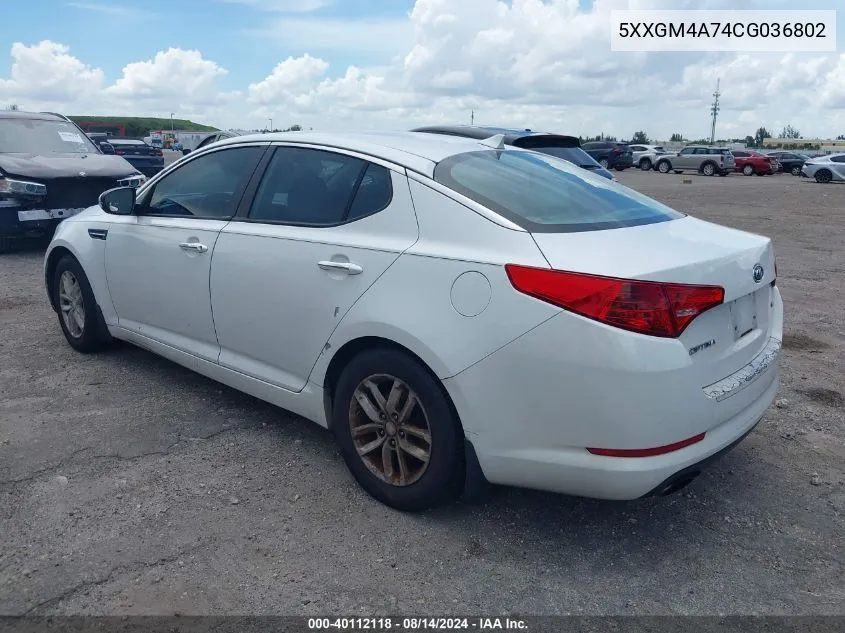 2012 Kia Optima Lx VIN: 5XXGM4A74CG036802 Lot: 40112118