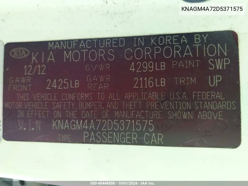 KNAGM4A72D5371575 2013 Kia Optima Lx