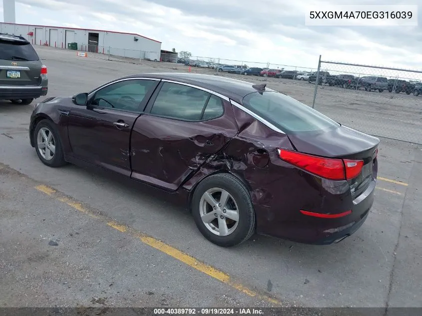 2014 Kia Optima Lx VIN: 5XXGM4A70EG316039 Lot: 40389792