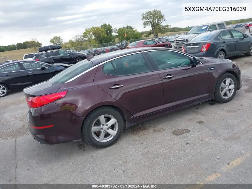 2014 Kia Optima Lx VIN: 5XXGM4A70EG316039 Lot: 40389792