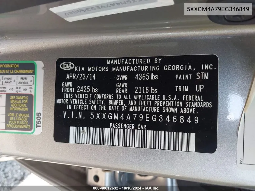 2014 Kia Optima Lx VIN: 5XXGM4A79EG346849 Lot: 40612632