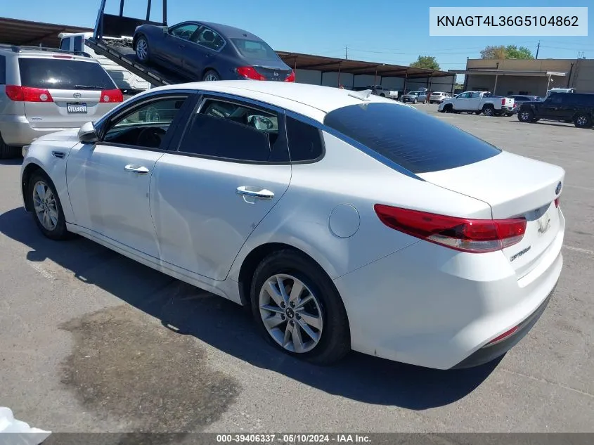 2016 Kia Optima Lx VIN: KNAGT4L36G5104862 Lot: 39406337