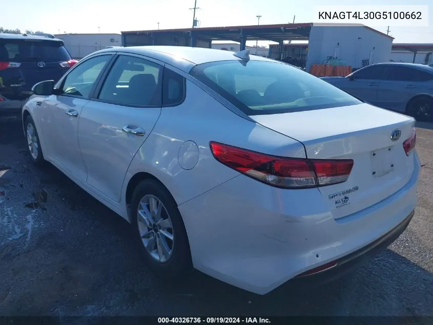 2016 Kia Optima Lx VIN: KNAGT4L30G5100662 Lot: 40326736