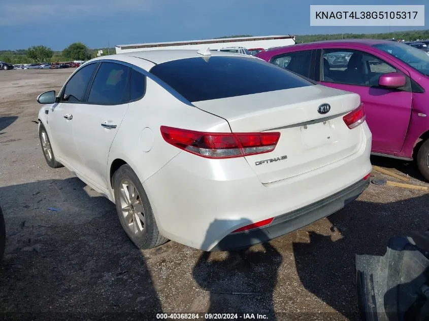 2016 Kia Optima Lx VIN: KNAGT4L38G5105317 Lot: 40368284