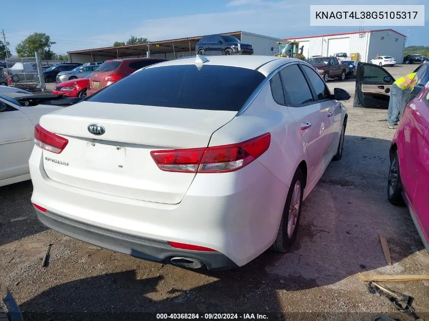 2016 Kia Optima Lx VIN: KNAGT4L38G5105317 Lot: 40368284