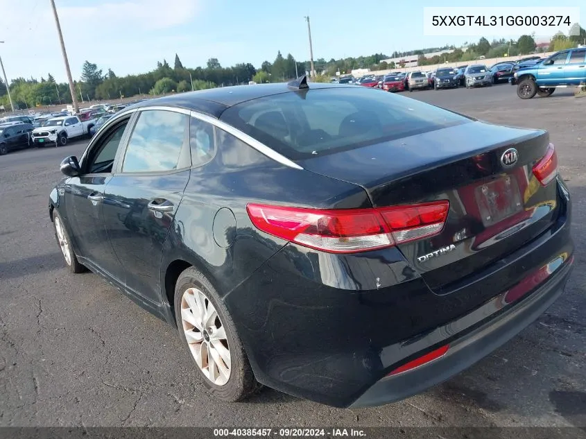 2016 Kia Optima Lx VIN: 5XXGT4L31GG003274 Lot: 40385457