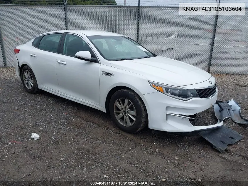 2016 Kia Optima Lx VIN: KNAGT4L31G5103604 Lot: 40491197