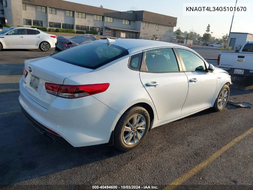 2016 Kia Optima Lx VIN: KNAGT4L34G5101670 Lot: 40494600