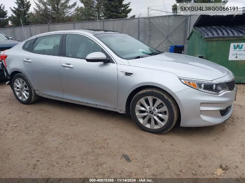 2016 Kia Optima Ex VIN: 5XXGU4L38GG066191 Lot: 40875369