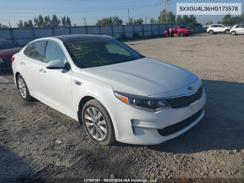 2017 Kia Optima VIN: 5XXGU4L36HG173578 Lot: 12100181