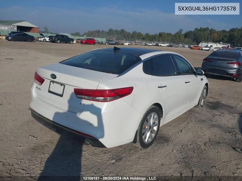 2017 Kia Optima VIN: 5XXGU4L36HG173578 Lot: 12100181