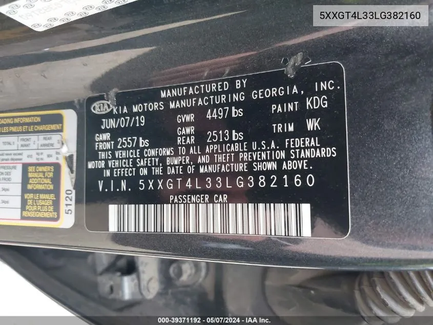 5XXGT4L33LG382160 2020 Kia Optima Lx