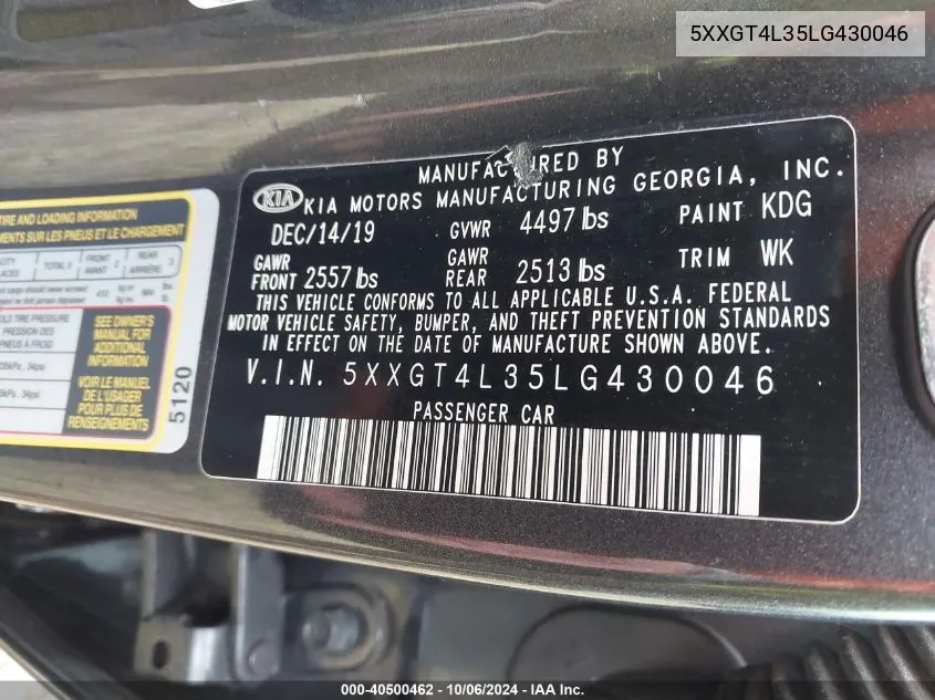 5XXGT4L35LG430046 2020 Kia Optima Lx/S/Se