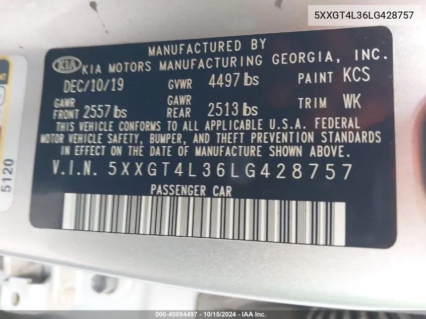 5XXGT4L36LG428757 2020 Kia Optima Lx