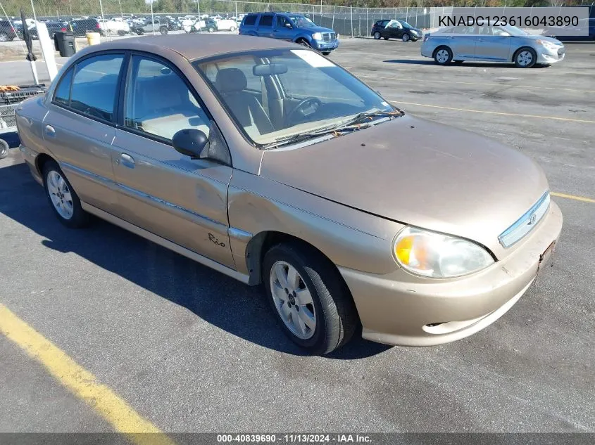 2001 Kia Rio VIN: KNADC123616043890 Lot: 40839690