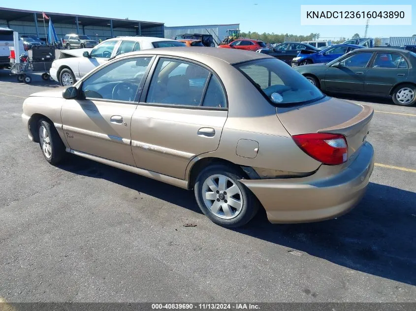 2001 Kia Rio VIN: KNADC123616043890 Lot: 40839690