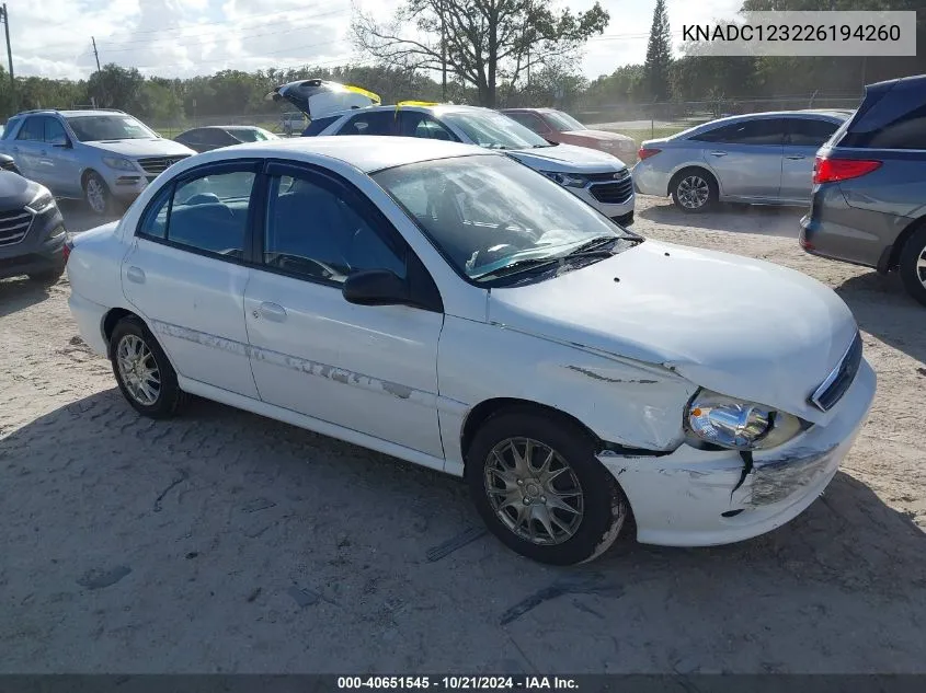 2002 Kia Rio VIN: KNADC123226194260 Lot: 40651545