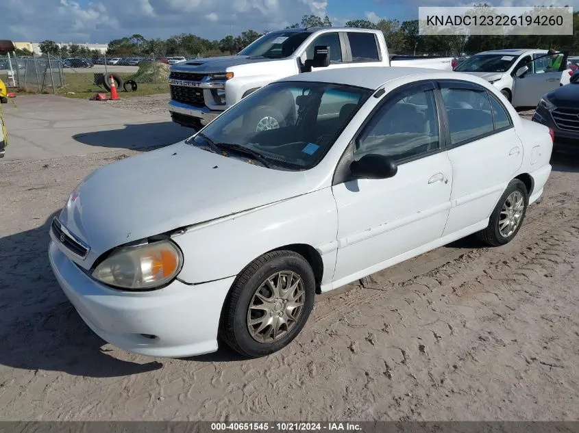 2002 Kia Rio VIN: KNADC123226194260 Lot: 40651545