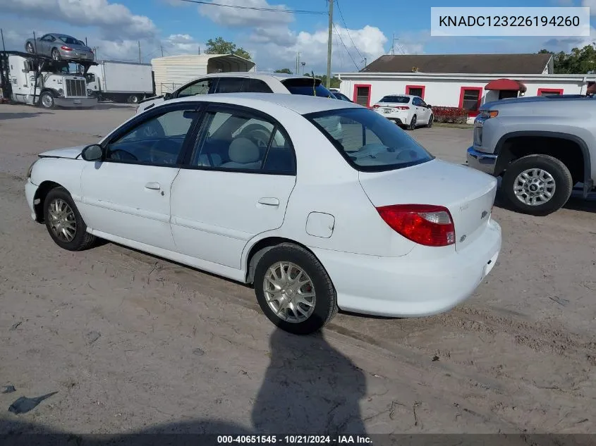 2002 Kia Rio VIN: KNADC123226194260 Lot: 40651545