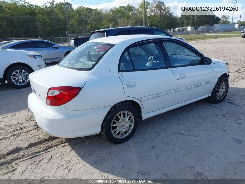 2002 Kia Rio VIN: KNADC123226194260 Lot: 40651545