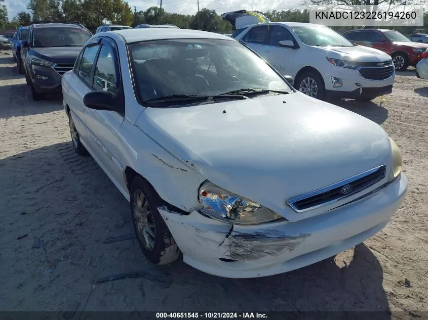 2002 Kia Rio VIN: KNADC123226194260 Lot: 40651545