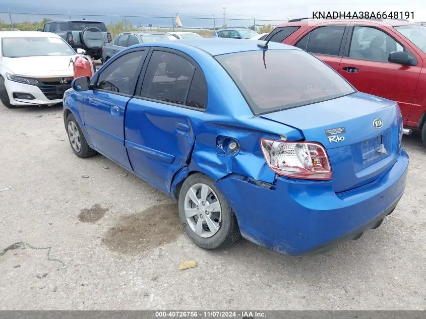 2010 Kia Rio Lx VIN: KNADH4A38A6648191 Lot: 40726756