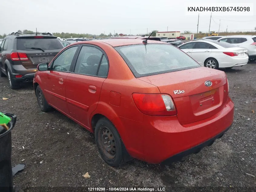 2011 Kia Rio VIN: KNADH4B3XB6745098 Lot: 12119298