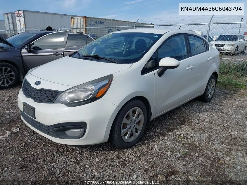 2012 Kia Rio Lx VIN: KNADM4A36C6043794 Lot: 12116685