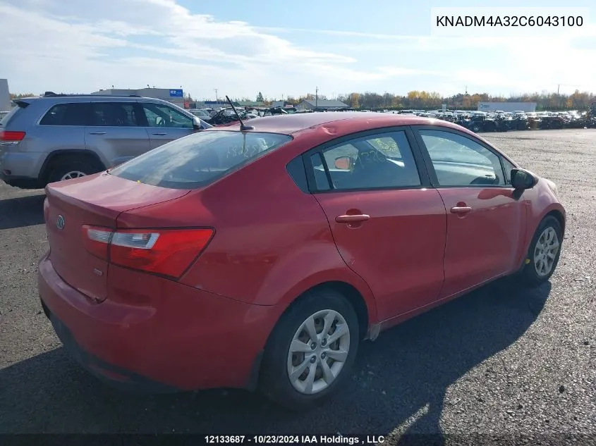 2012 Kia Rio Lx VIN: KNADM4A32C6043100 Lot: 12133687