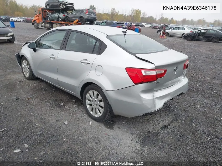 2014 Kia Rio VIN: KNADN4A39E6346178 Lot: 12121692