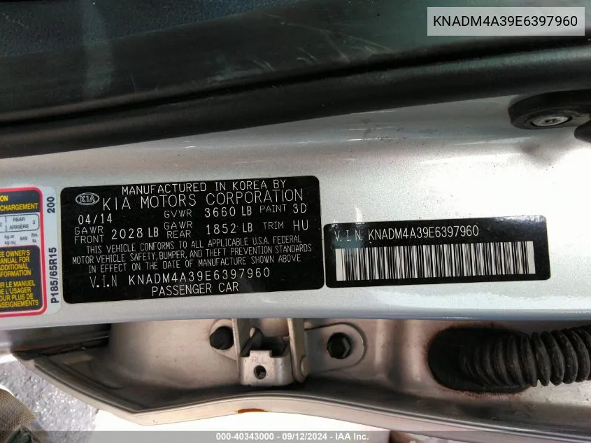 KNADM4A39E6397960 2014 Kia Rio Lx