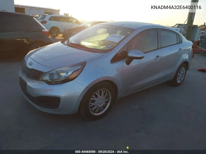 2014 Kia Rio Lx VIN: KNADM4A32E6400116 Lot: 40465598