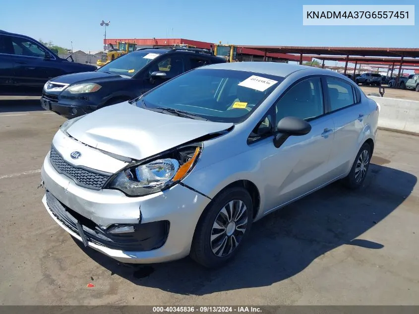 2016 Kia Rio Lx VIN: KNADM4A37G6557451 Lot: 40345836